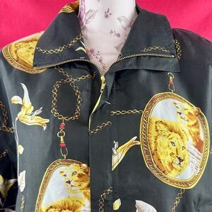 Vintage Silk Lion Print Bomber Jacket 90s Baroque Chain Windbreaker Medium